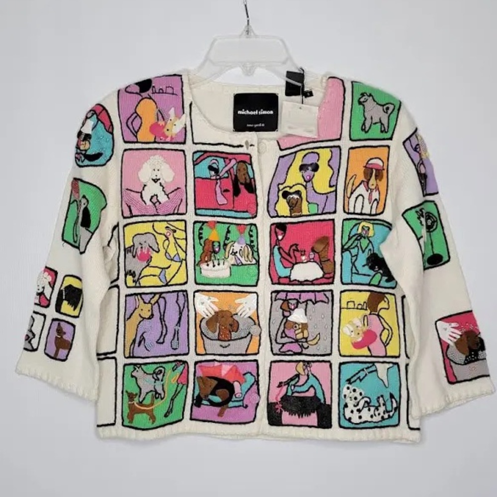 RARE Michael Simon Multicolor dog Patch Sweater